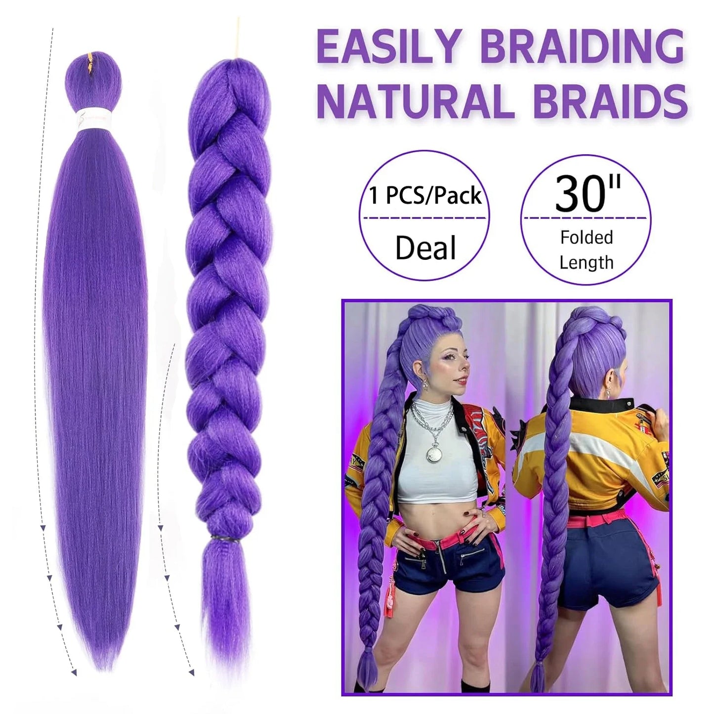 Purple Braiding Hair Pre Stretched Long Synthetic Braiding hair Extensions for Stage Party Halloween Costume Cosplay