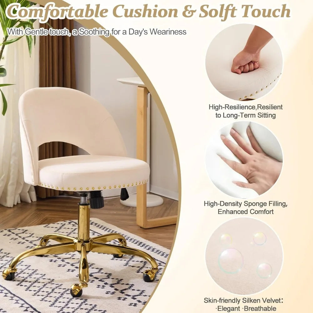 Cute Desk Chair with Wheels, Comfy Armless Swivel Vanity Task Chair for Women/Girl/Kids, Nail Tech for, Office Chairs