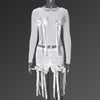 CM.YAYA Women's Set Bow O-Neck Mesh Long Sleeve Tops + Velvet Shorts Suits Streetwear Sexy Two 2 Piece Outfits Tracksuits Summer