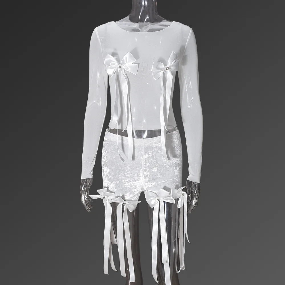 CM.YAYA Women's Set Bow O-Neck Mesh Long Sleeve Tops + Velvet Shorts Suits Streetwear Sexy Two 2 Piece Outfits Tracksuits Summer