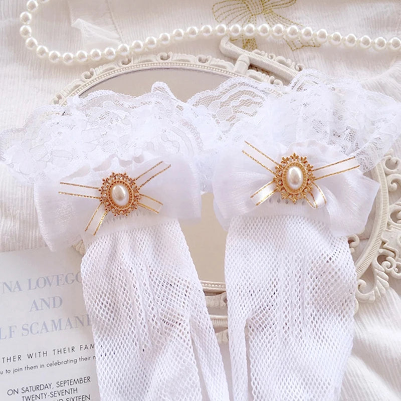 Girl Lolita Mesh Bow Flower Lace Gloves Black White Lace Gloves lolita Lace Sleeves Cosplay Jewelry