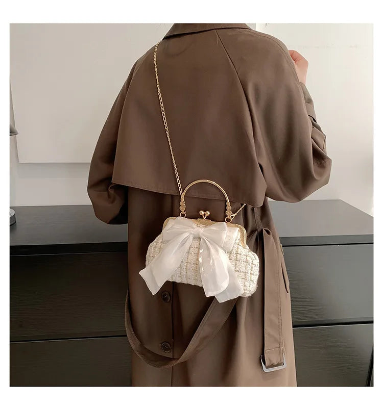 Glittering Chain Plaid Pattern Evening Bag For Women Bow Decor Shoulder Bag, Fashionable Elegant Clutch, Women‘s Crossbody Bag
