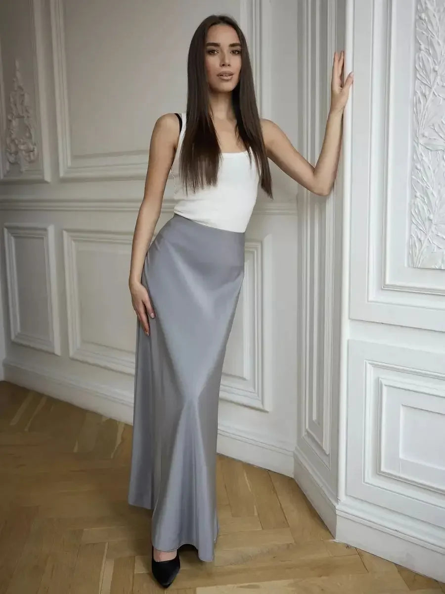 Wolfeel Casual Satin Women'S Skirt Spring Summer Fashion Loose High Waist Maxi Skirts Elegant Simple Slik Fishtail Skirt