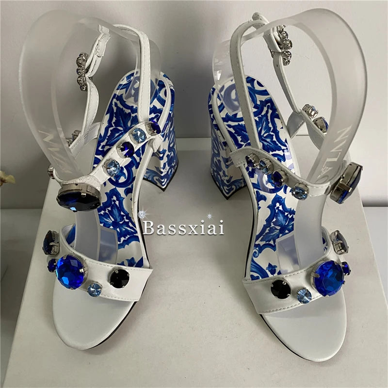 Luxury Diamond Crystal Decor Modern Sandals Women Blue And White Porcelain Print Ankle Strap Summer Shoes For Girls