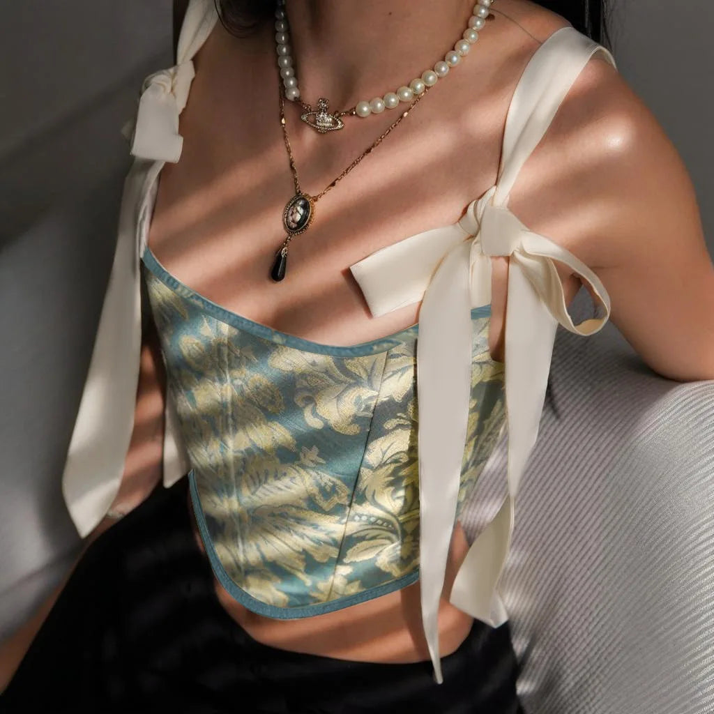 European and American fashion suspender embroidery printing bow waist vest female ins niche spice girl wind Joker slim top