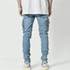 Street Elastic Jeans Men Denim Cargo Pants Wash Solid Color Multi Pockets Casual Mid Waist Trousers Slim Fit Daily Wear Joggers