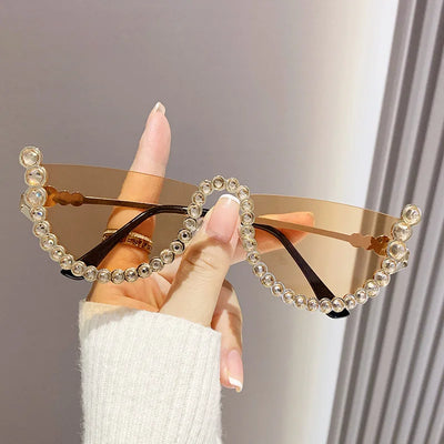 Luxury Brand Designer Diamond Half Frame Sunglasses Women For Female Vintage Fashion Sun Glasses Punk Rhinestone Crystal Metal