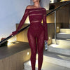 Sibybo Off Shoulder Long Sleeve Jumpsuits Women Fashion Rhinestones High Stretch Hollow Out Sexy Overalls Sparkly Party Rompers