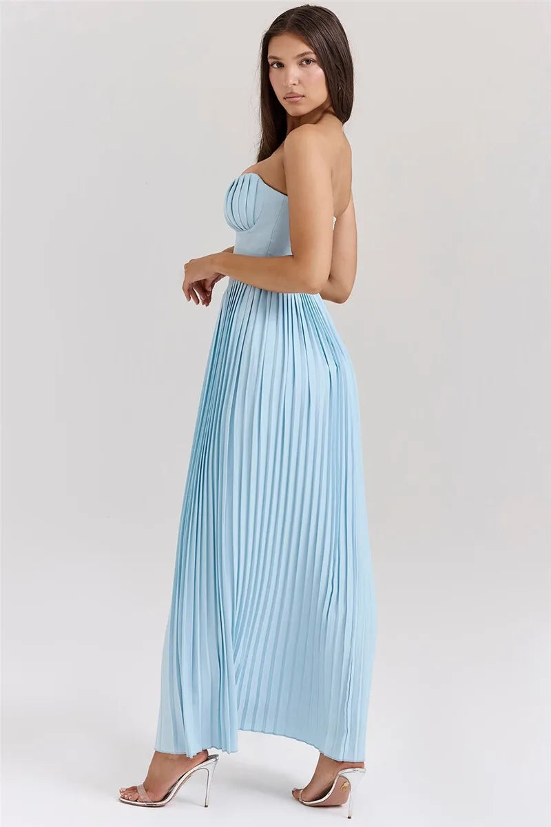 Mozision Off-shoulder Backless Pleated Maxi Dress For Women Fashion Strapless Sleeveless High Waist Bodycon Sexy Long Dress