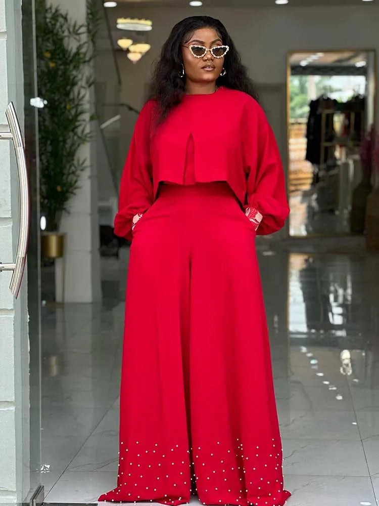 Spring Clothes for Women 2 Piece Sets Women Outfit Lantern Sleeves Suit with Wide Pants and Top High Street Ladies Elegant Sets
