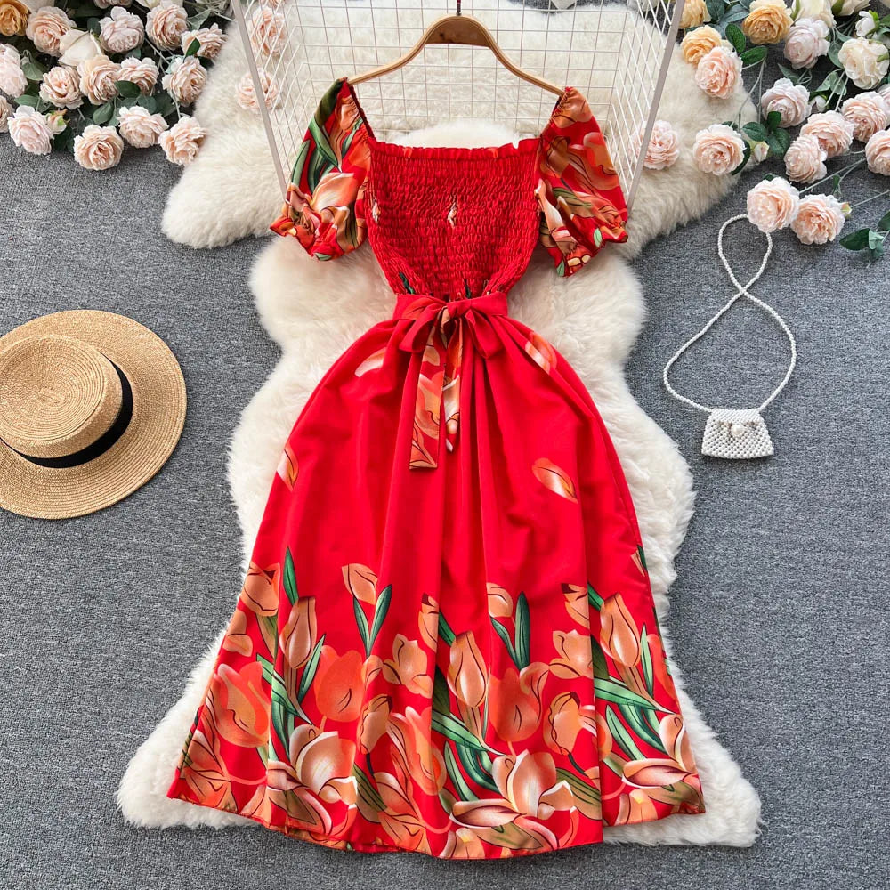 YuooMuoo Fashion Summer Flower Print Long Dress Women Vintage Square Neck Ruched Chest Sash Bandage Sundress Party Vestidos