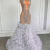 Puffy Tiered Ruffle Silver Long Prom Dress Black Girls Luxury Crystal Rhinestones See Through Mermaid Prom Gowns Customized