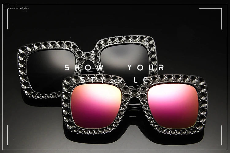 Glitter Women Sunglasses Brand Design Flash Square Shades Mirror Female Sun Glasses Bezel Bling Rhinestones