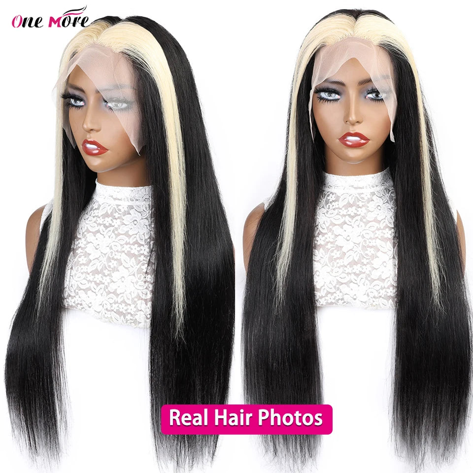 Skunk Stripe Human Hair Wig 1B/613 Highlight Blonde Straight Lace Front Wig 13x4 Colored Lace Front Human Hair Wigs 250 Density