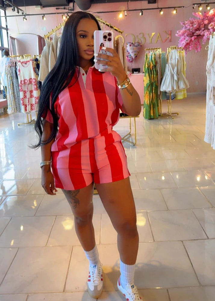 Women's Clothing Fashion Striped Sets Long Sleeve Polo-Neck T Shirt and Shorts 2025 Spring Summer 2 Two Piece Set Tracksuit