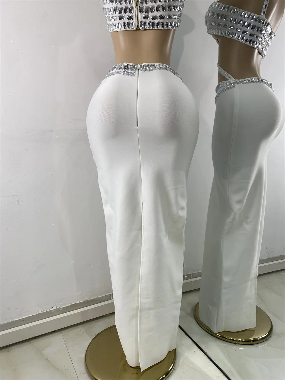 Luxury Crystal Diamonds Top Skirt Two Pieces Women's Bandage Sets White Black Knitted Celebrity Evening Birthday Party Outfit