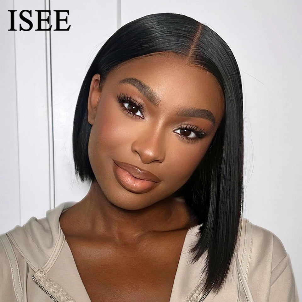 ISEE HAIR Wear And Go Glueless Human Hair Wig Bob HD Lace Straight Short Bob 6x4 Lace Frontal Pre Plucked Human Wigs Ready To Go