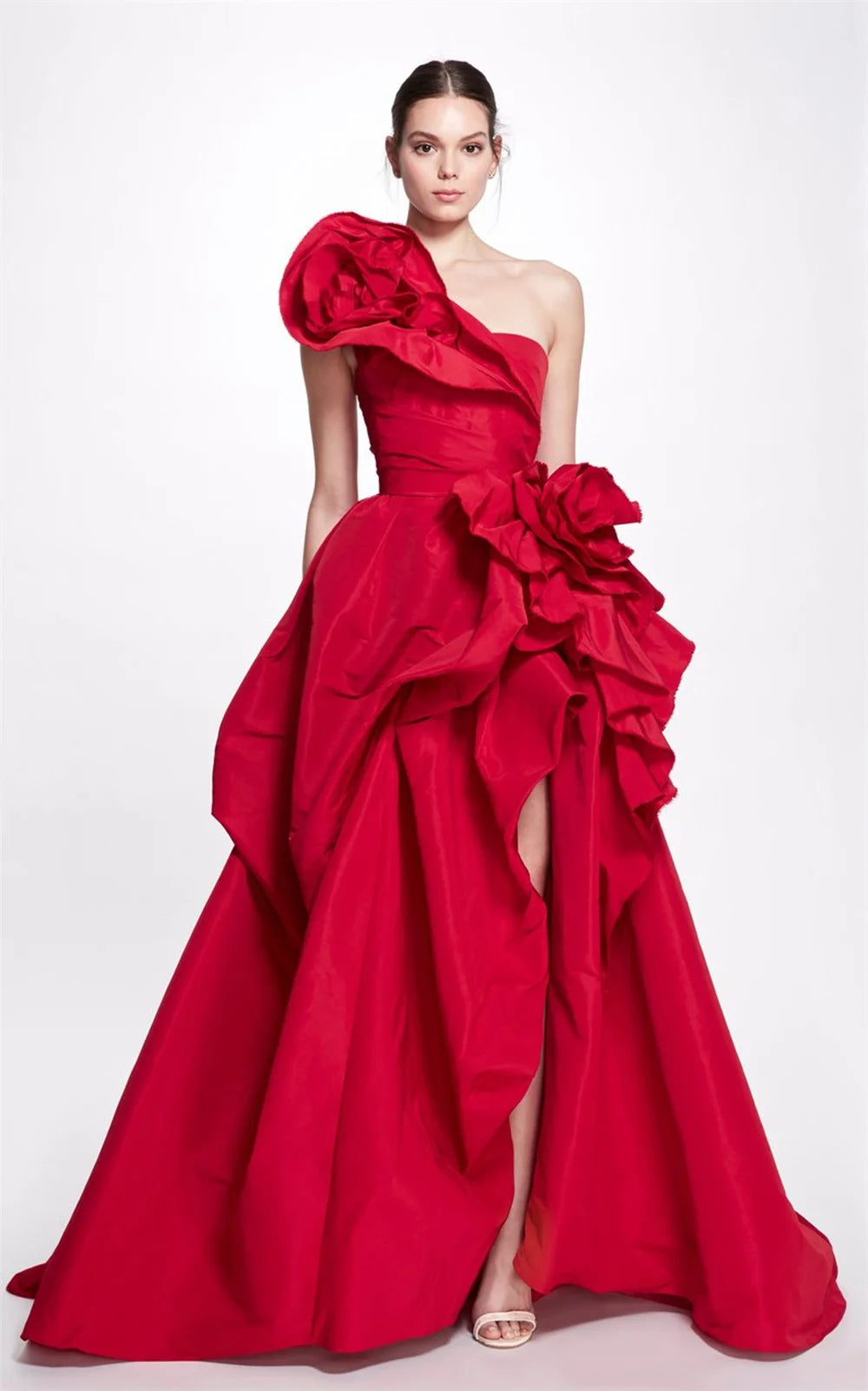 Amanda Customized Red Satin Prom Gown A-line 3D Big Flower Evening Formal Elegant Floor-Length One Shoulder Party Dresses 2024