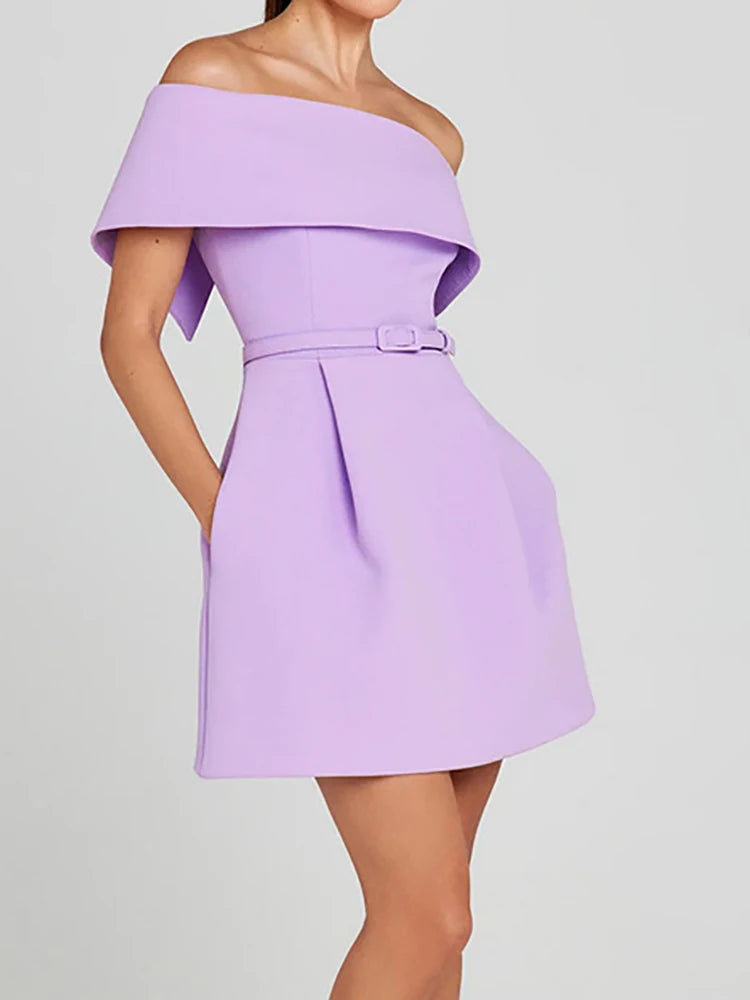 Women Belt Patchwork Short Sleeve Mini Dress, Spring Summer Fashion Slash Neck Party Dress, Solid Off The Shoulder Ladies Dress