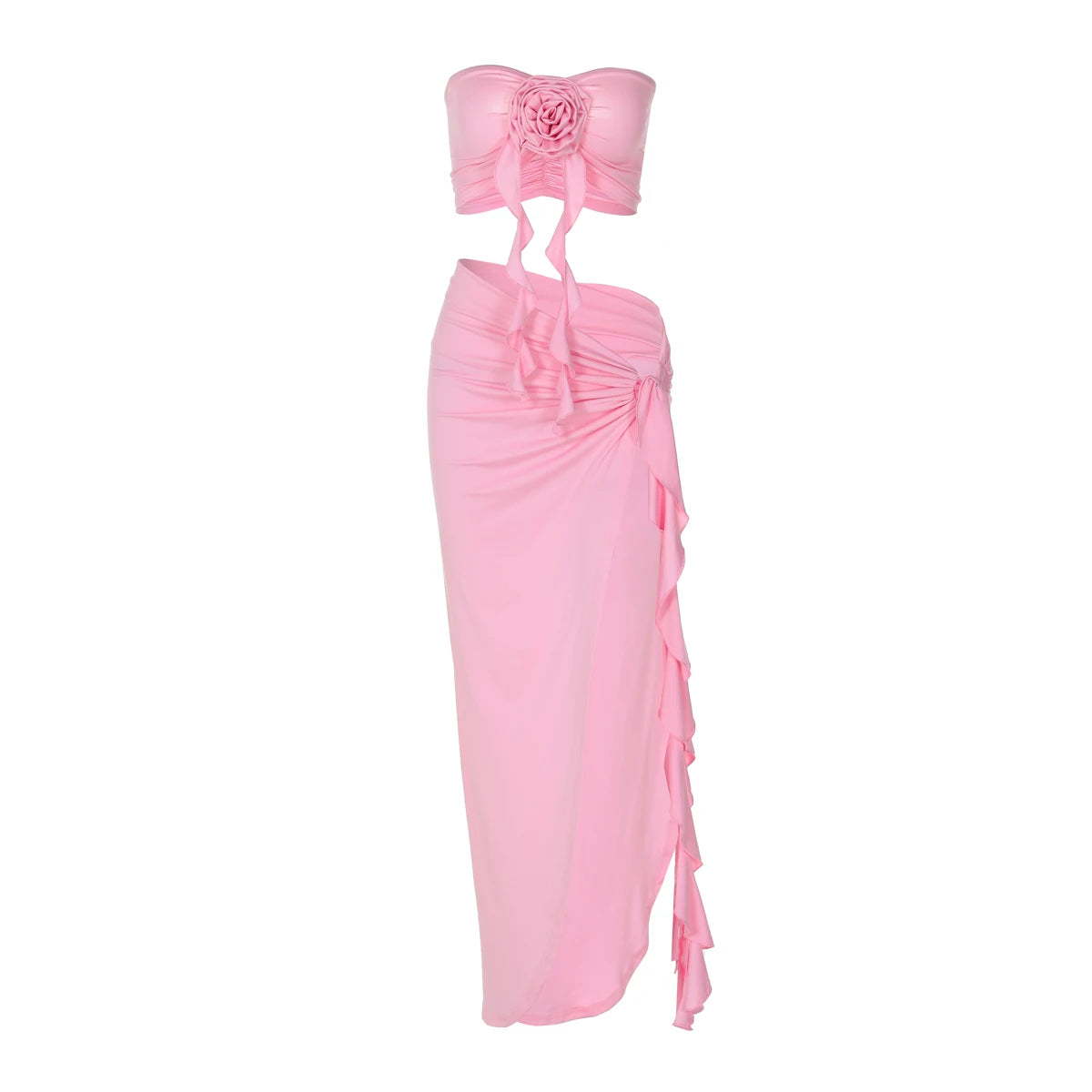 Hugcitar Fashion 2 Pcs Sets Strapless Tie Flower Draped Sexy Crop Tank Top Slit Tassel Maxi Skirt Women Outfit Festival Party