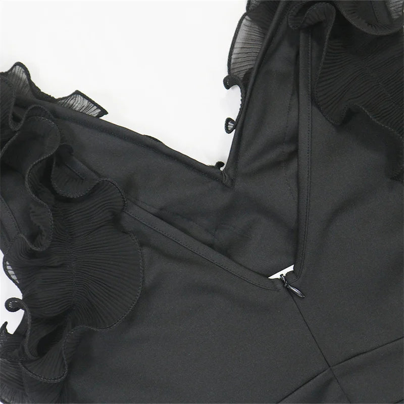 New 2025 Summer Women V Neck Sleeveless Elegant Straight Jumpsuits Edible Tree Fungus Sexy Birthday Party Jumpsuit Rompers Black