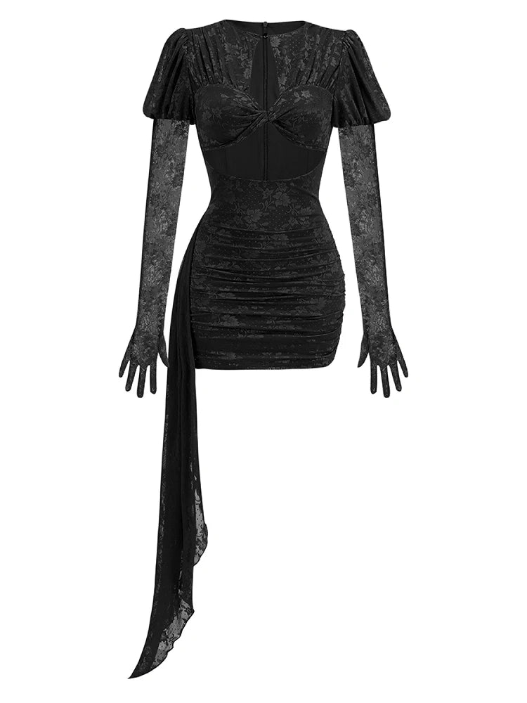 New Sexy Gloves Long Sleeves Cutout Pleated Draped Mini Dress Women Red/White Lace Floral Bodycon Dresses Party Cocktail Club