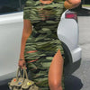 Women's Dresses 2023 Summer Fashion Contrast Leopard Print Drawstring Ruched Casual O-Neck Short Sleeve High Slit Skinny Dress