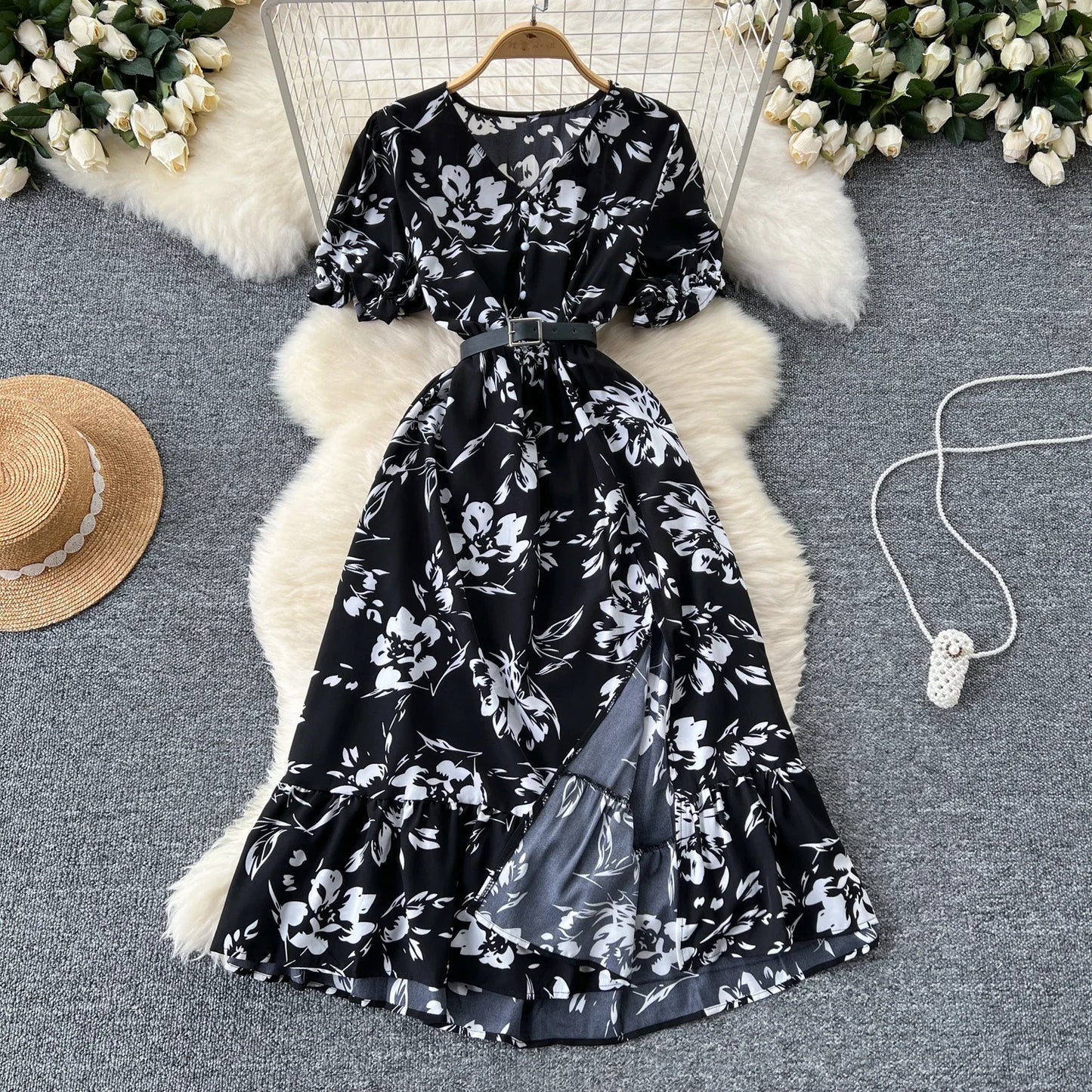 Summer Pleated Women Buttons Dresses Casual Beach Holiday Short Sleeve V Neck Woman Midi Dress Bohemian Mujer Vestidos