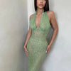 Sexy Halter Deep V Neck Sequins Maxi Dress Women Green Sleeveless Backless Sequined Slim Long Dresses Celebrity Party Gowns