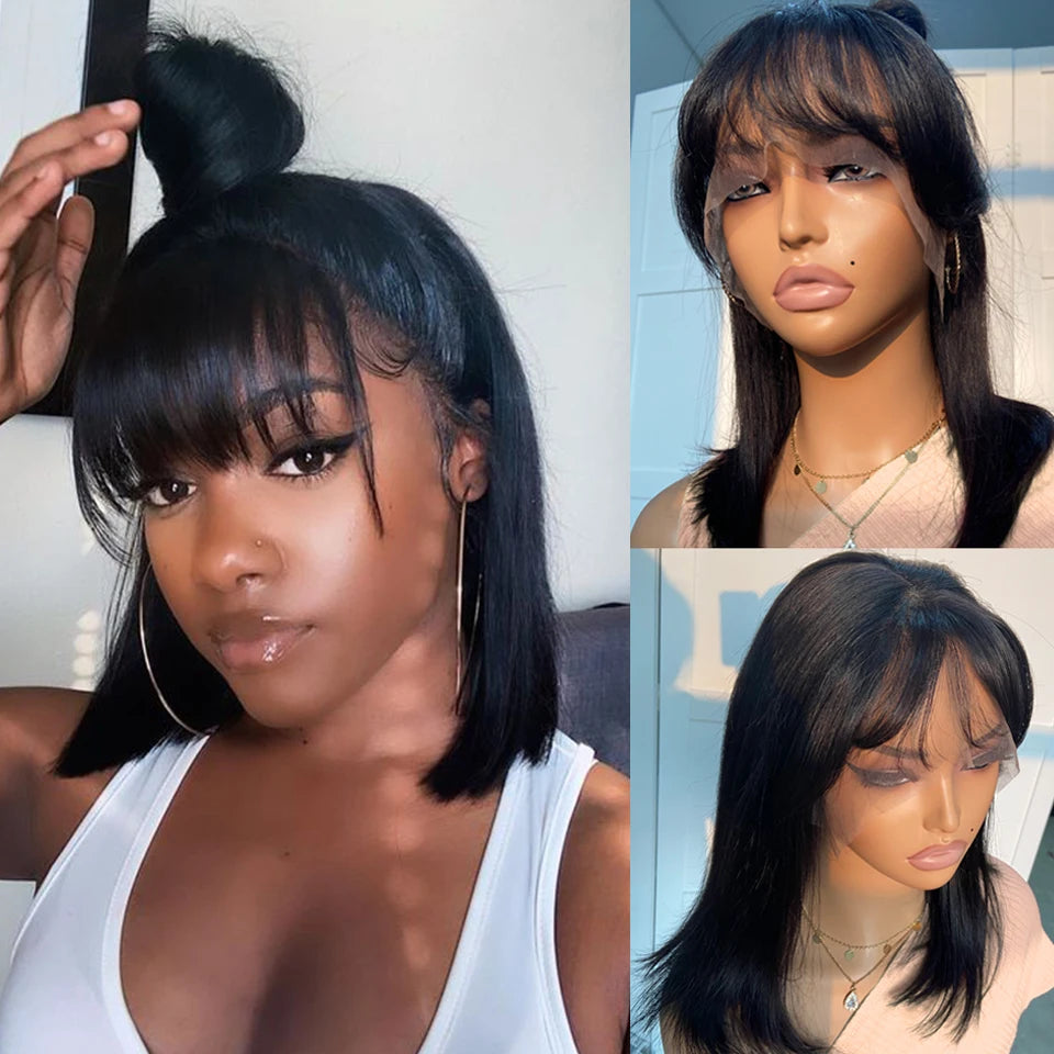 Short Straight Bob Lace Front Wig With Bangs Brazilian Human Hair Bob Wigs For Women Brazilian Remy Hair Easy Part Lace Bob Wig