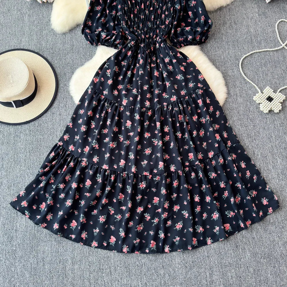 2024 New Summer Flower Print Long Dress Women Vintage Square Neck Ruched Chest Sash Bandage Sundress Party Vestidos