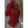 2025 Spice Girls Sexy Sequin Top One-Shoulder Tight Rhinrhinone Solid Color Silver One-Piece Fashion Party Nightclub Summer Top