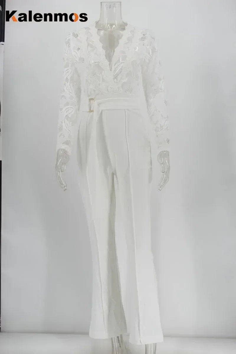 White Jumpsuit Women Overalls Elegant Lace Long One Piece High Waist Feather Y2k Sexy Wedding Party Night Evening Rompers