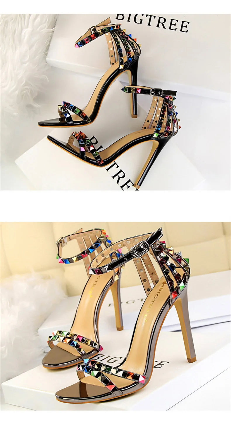 Summer Women Roman High Heels Rivets Studded Sandals Stiletto Gladiator Pumps Open Toe Luxury Shoes Hollow One-word Buckle 267-2