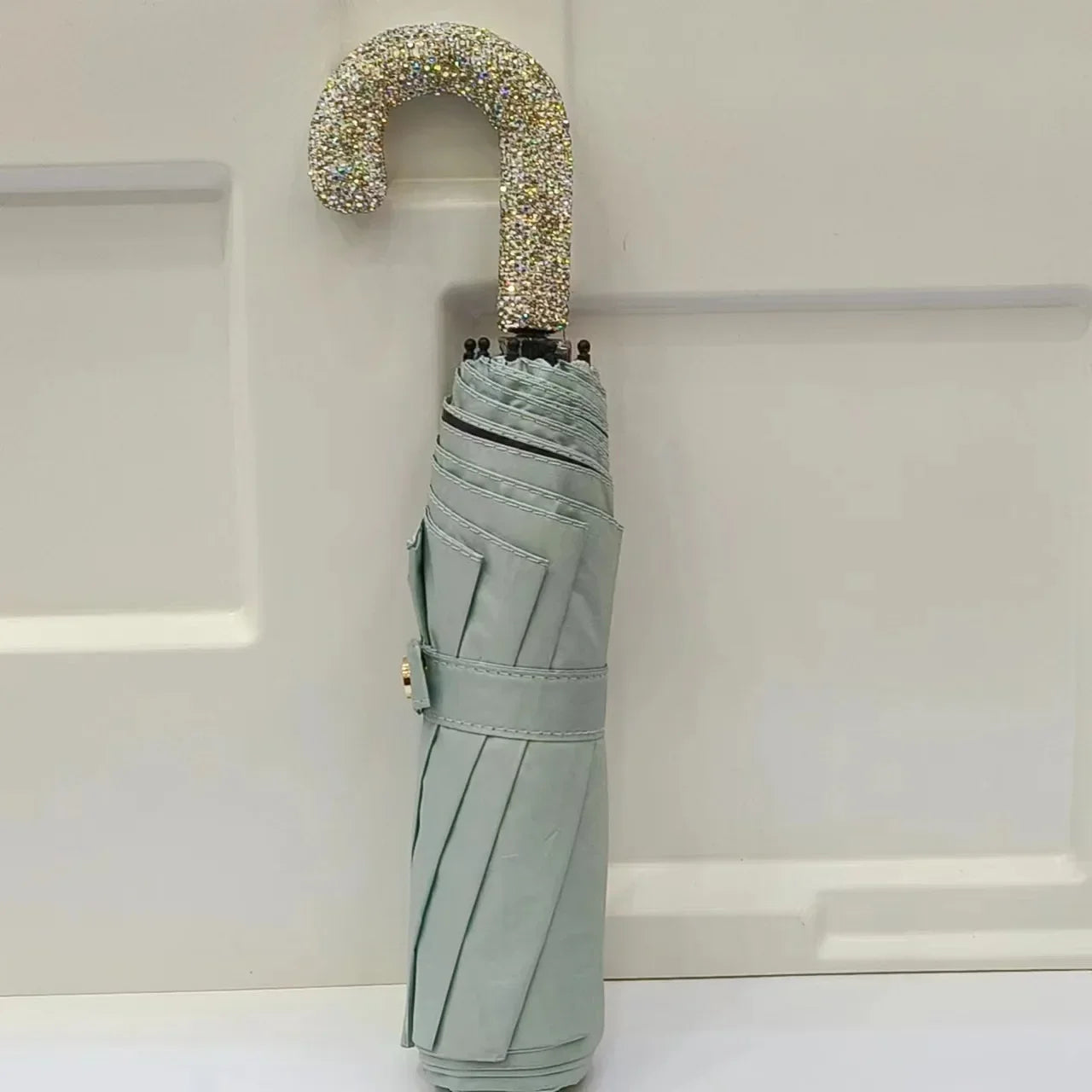Bling Rhinestone Hook Handle Umbrella Automatic Folding Hook Handle Sunshade UV Protection Rainproof Portable Umbrella Rain Gear