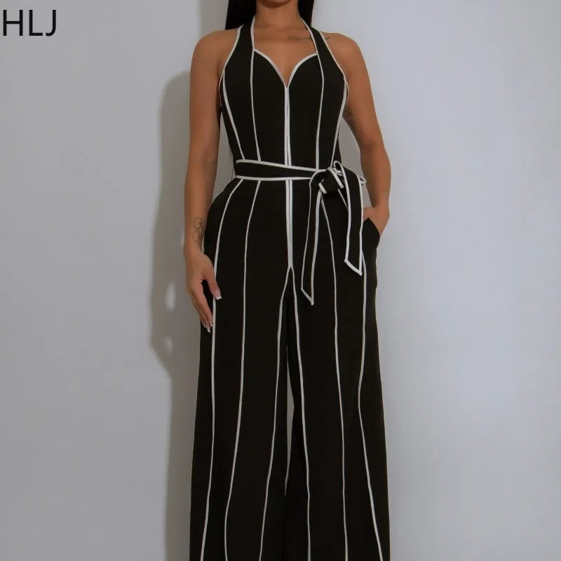 HLJ Elegant Stripe Patchwork Jumpsuits Women Halter Sleeveless Bow Belted Wide Legs Rompers Female Night Clubwear Overalls New