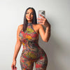 Floral Print Summer Skinny Capris Pants Jumpsuits Women Sexy Sleeveless Lace Up Halter Backless Ruched Peach Hips Slim Rompers