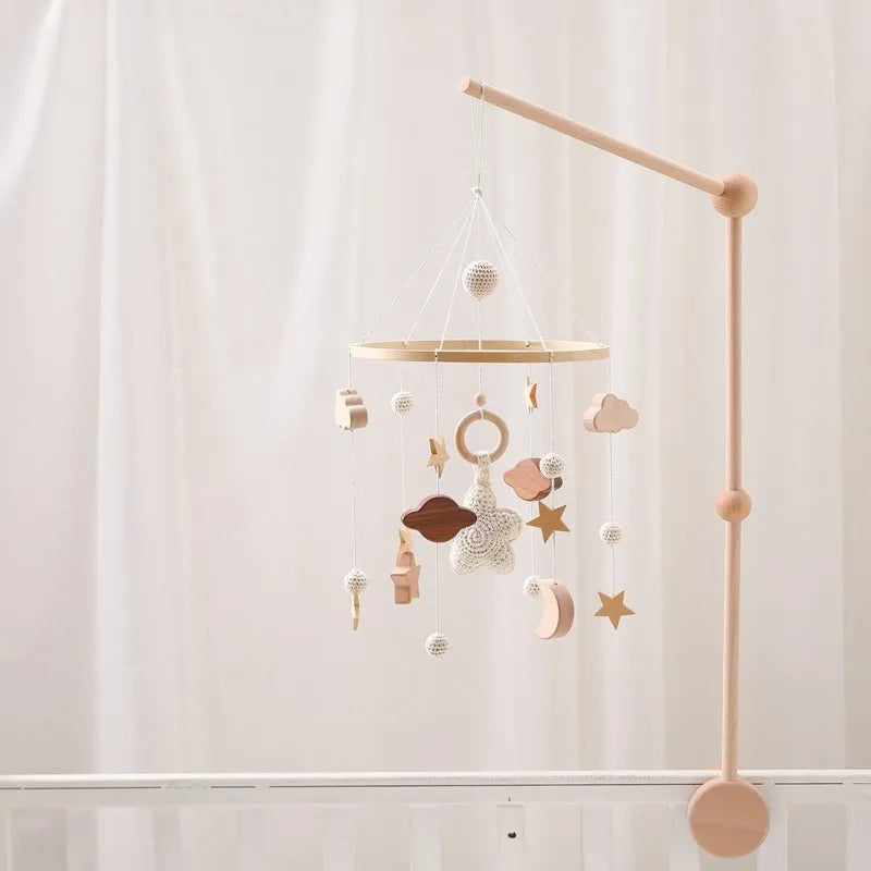 Baby Crib Mobile Bed Bell Rattle Toys Wooden Crochet Stars Pendant Bed Bell Toys Newborn Comfort Crib Bracket Hanging Toys Gifts