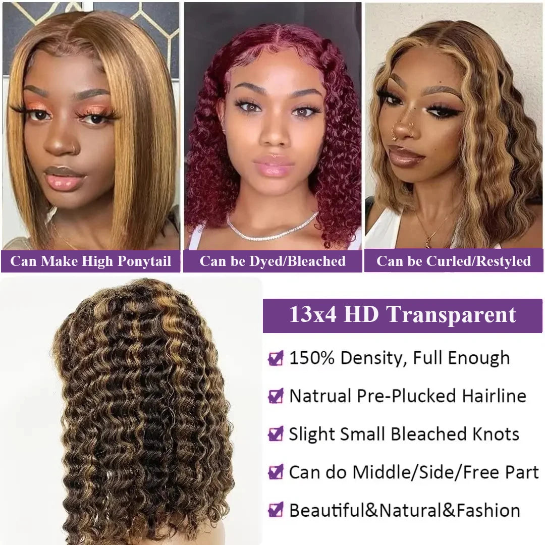 13x4 HD Lace Human Hair Short Human Hair Wigs Curly Color 4/27 Highlight Ombre Human Hair Deep Wave Bob Wigs Curly For Women