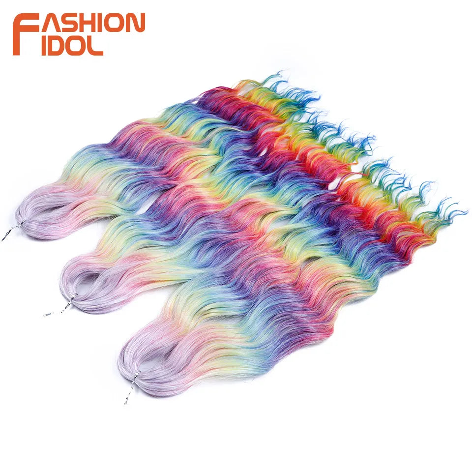 FASHION IDOL 24 Inch Synthetic Hair Water Wave Braiding Hair Extensions Ombre Rainbow color Deep Wave Curl Twist Crochet Hair