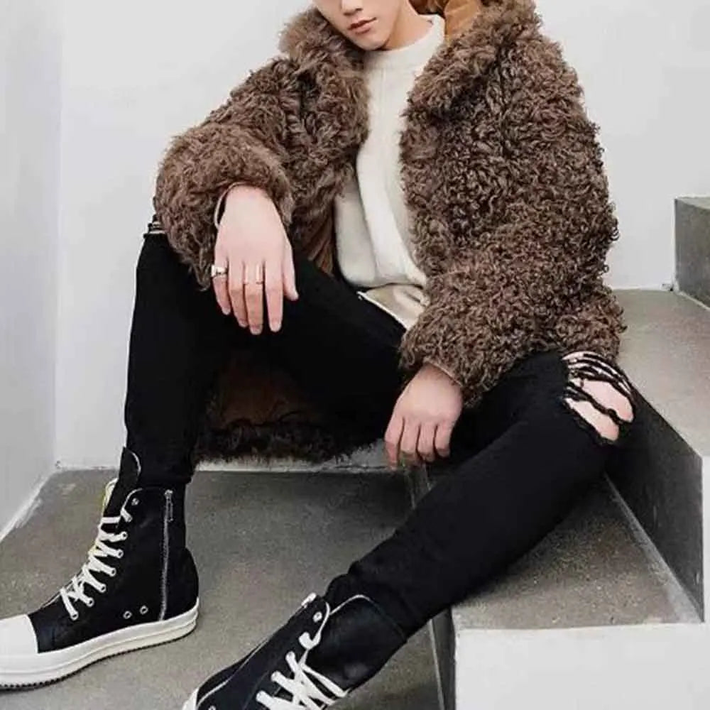 Winter New Men's Solid Color Faux Fur Long-Sleeved Jacket Korean Retro Fashion Trend Street Casual Loose Simple Niche Men's Top
