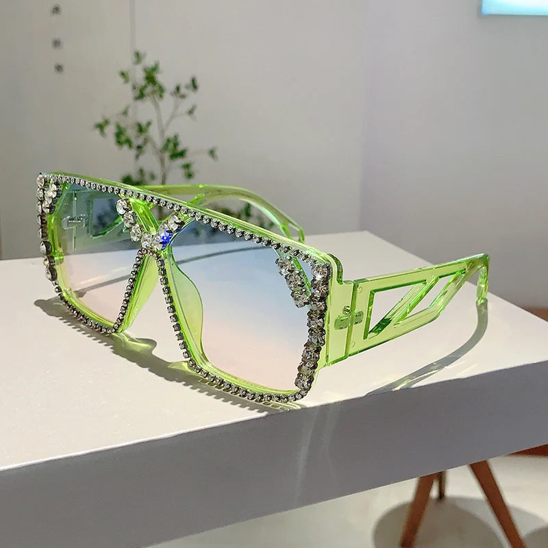 KAMMPT Rhinestone Shine Brand Design Sunglasses Fashion Women Grey Sun Glasses Trendy Decoration Sun Shades for Party Driving