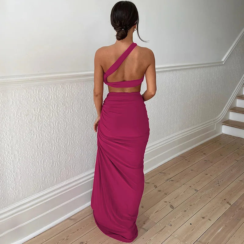 Ladies Spring 2 Pieces Sleeveless Backless Strap Spit Crop Top Side Slit Slim Fit Maxi Skirt Set Women Evening Party Clubwear