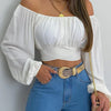 Women Sexy Off Shoulder Printing Blouses Chic and Elegant Lantern Long Sleeve Lace Up Bow Cropped Tops Casual Slim Shirts 2023