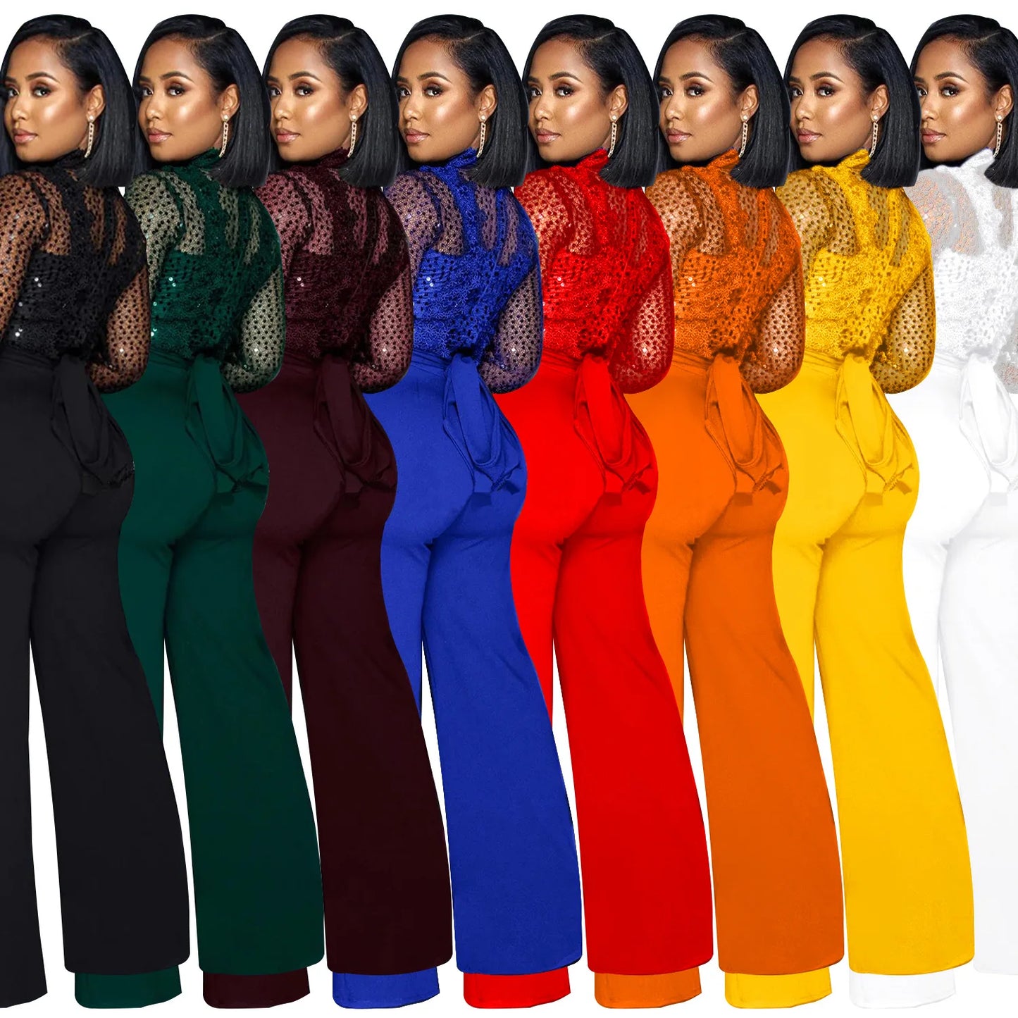 Fashion Women's Clothing Hollow Long-sleeved Loose Wide Leg Jumpsuits Overall Pants Solid Color Sexy Lace