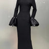 STOCK Shining Diamonds Neck Flare Sleeve Black Long Bandage Dress Elegant Woman Evening Party Dress Cocktail Party Outfit