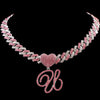 Hip Hop Bling Pink Crystal Cursive Initial Letter Cuban Necklace for Women Iced Out Paved Cuban Chain Necklace Choker Jewelry