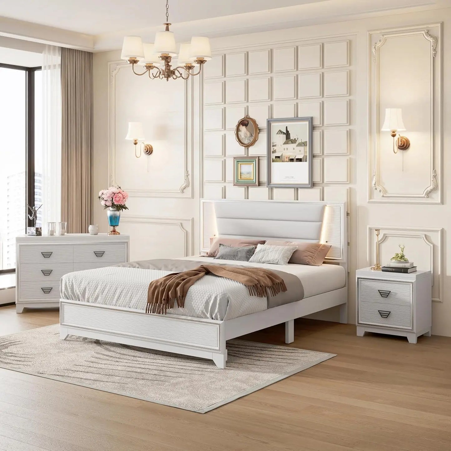 3 Pieces Bedroom Sets Queen Size Upholstered Bed with LED Lights, Nightstands, 3 Piece Wood Bedroom Furniture Set, White