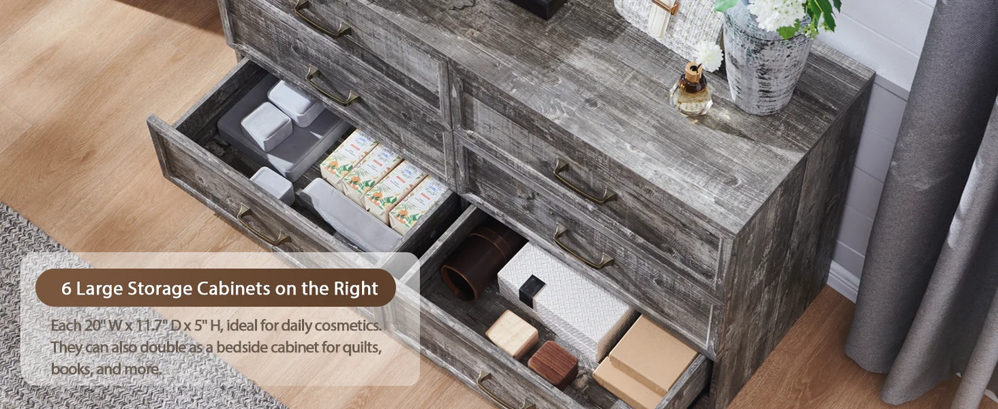 69" W rustic wood bedroom dresser with glass top, 9 large storage drawers, 3 color usable lights and 30 "HD Led mirror