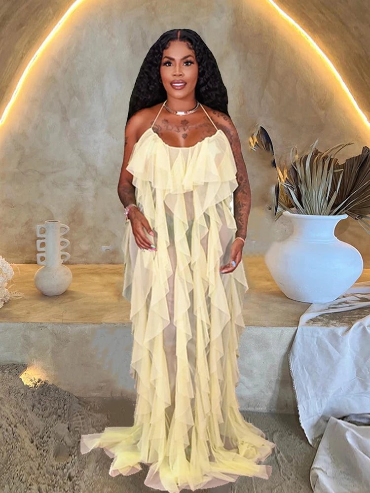 Chic and Elegant Summer Dress Women Halter Sexy Birthday Dress Transparent Mesh Backless Maxi Dress Wholesale Dropshipping